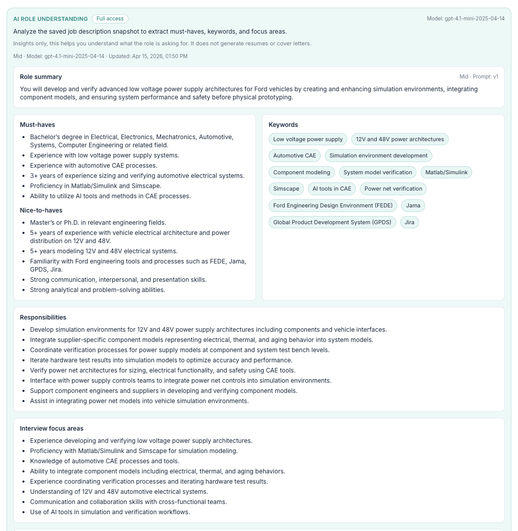 ApplyArc showing role summary, must-haves, and keywords for a job