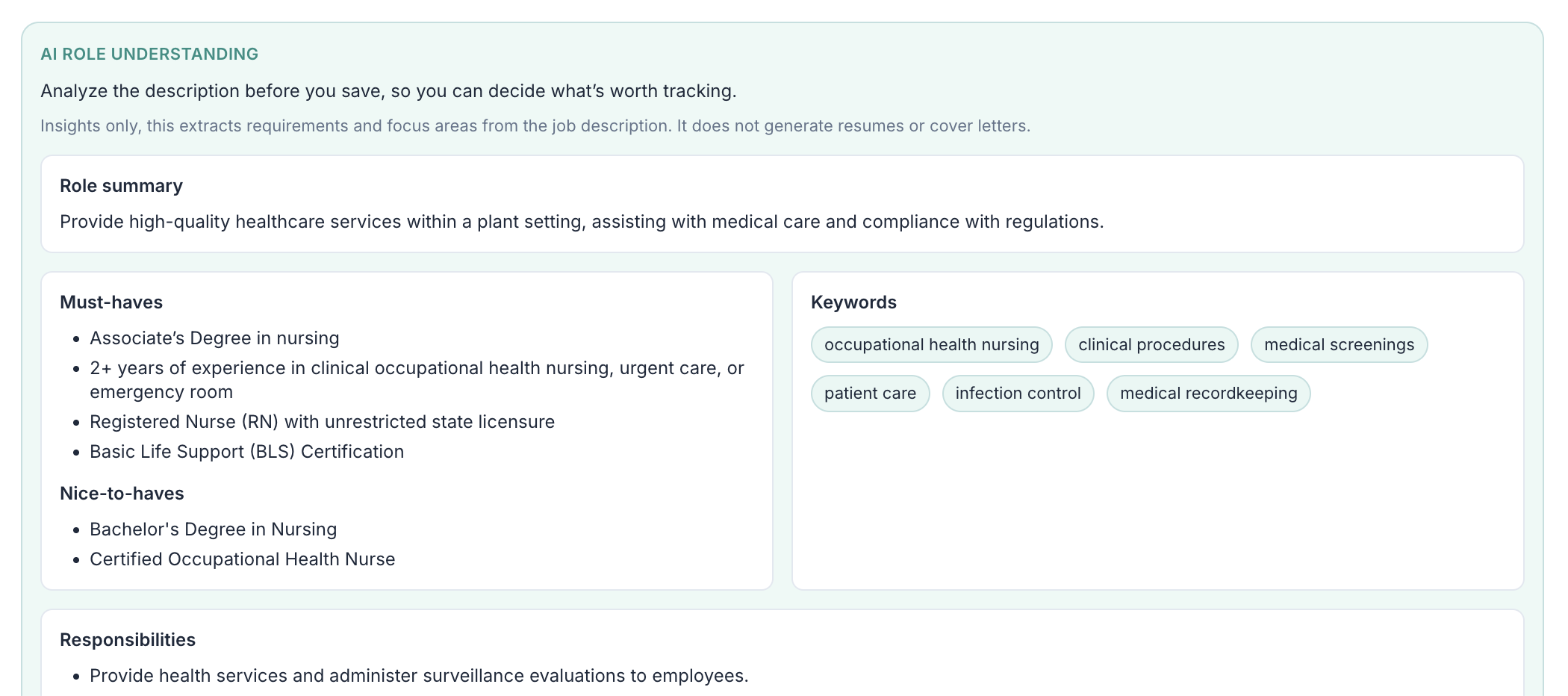 AI role understanding showing summary, must-haves, and keywords