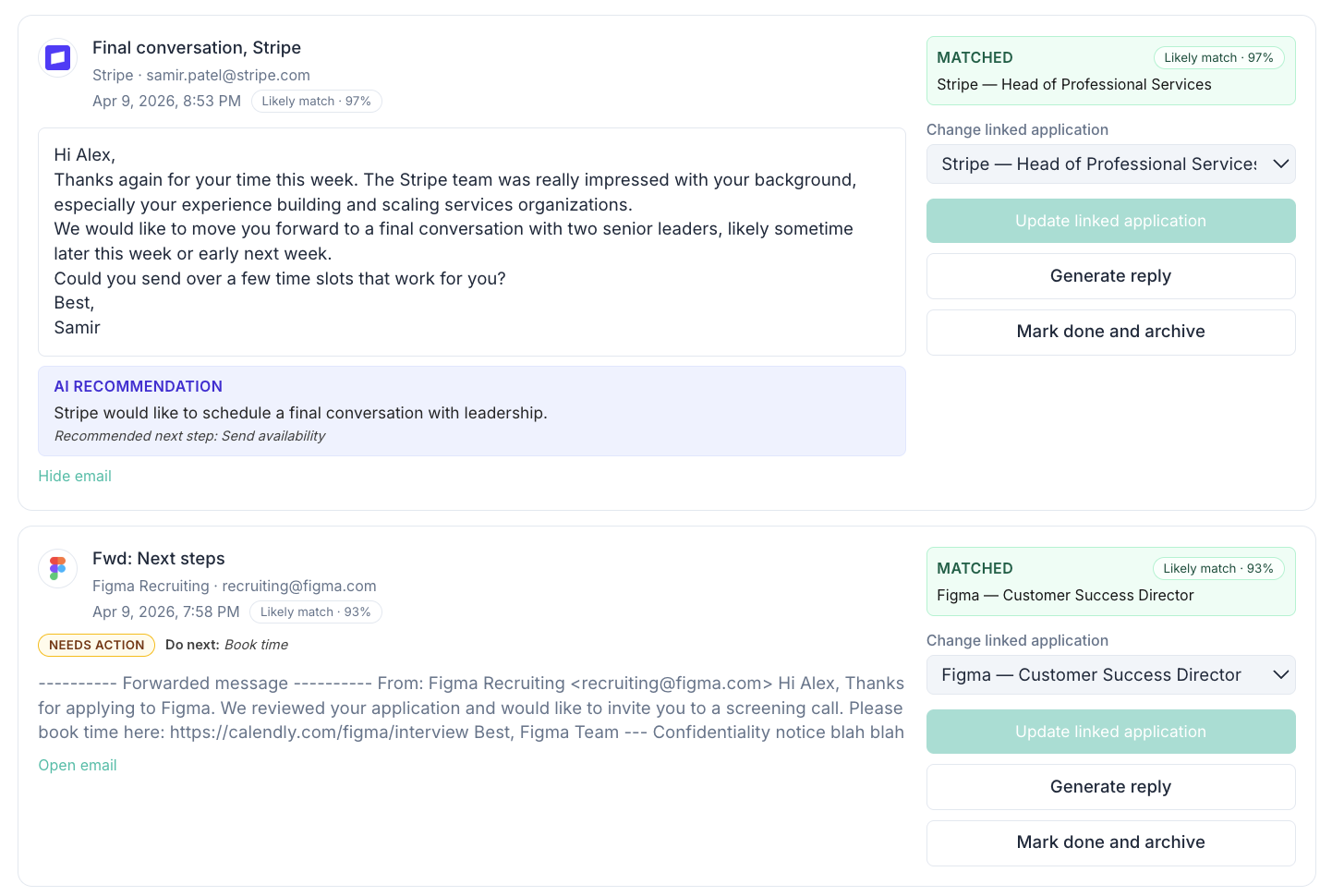 Forwarded recruiter emails automatically linked to the right application