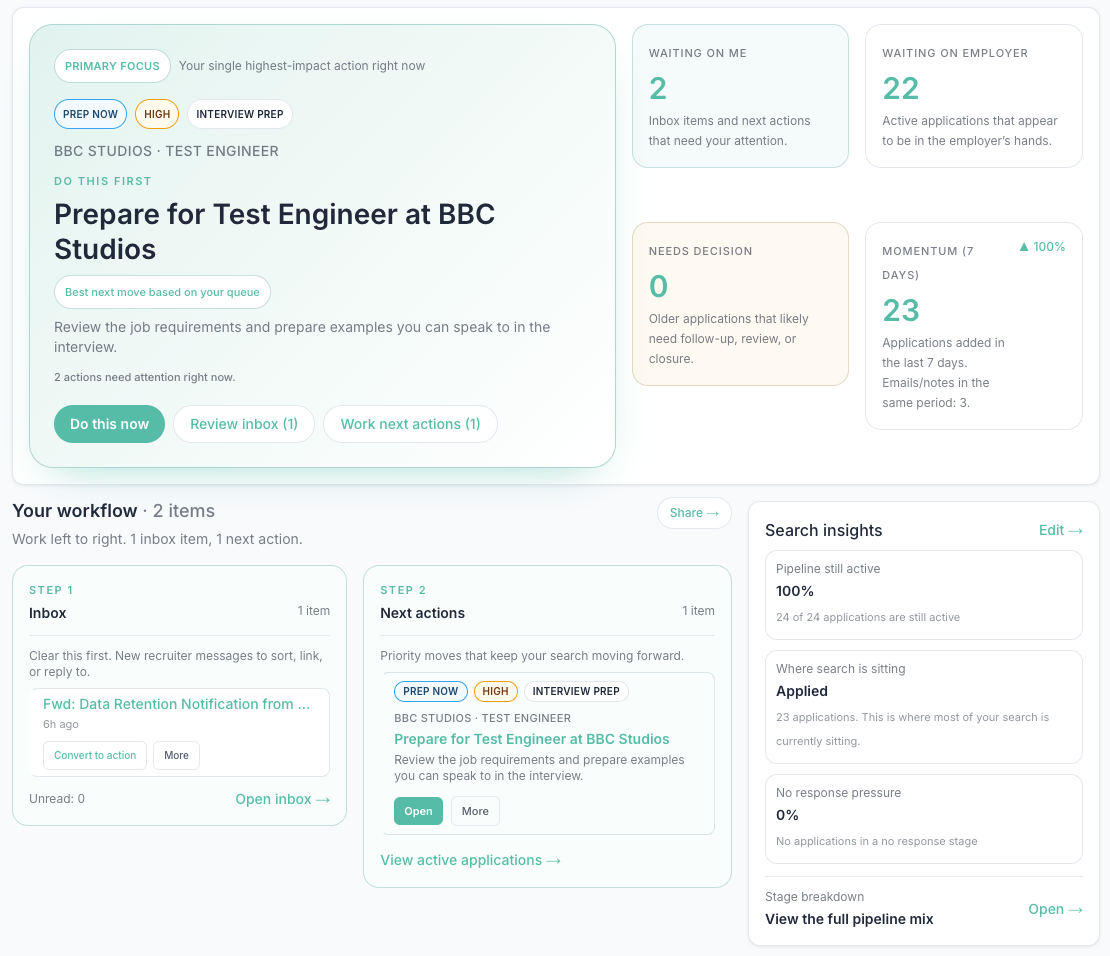 Timeline and next actions in ApplyArc showing updates per application