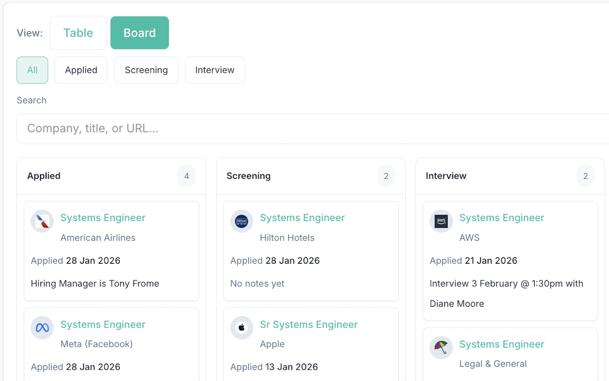 ApplyArc job search tracker board view showing applications moving through stages