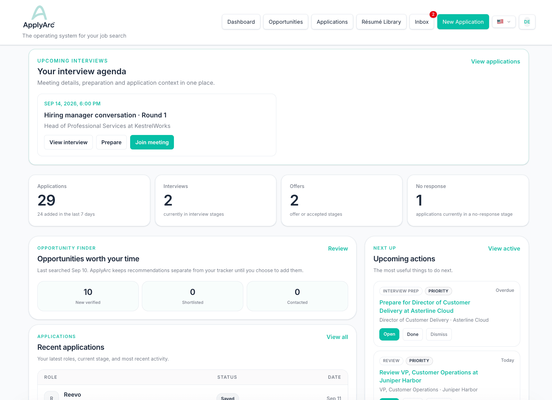 ApplyArc dashboard connecting interviews, opportunity recommendations, applications and next actions