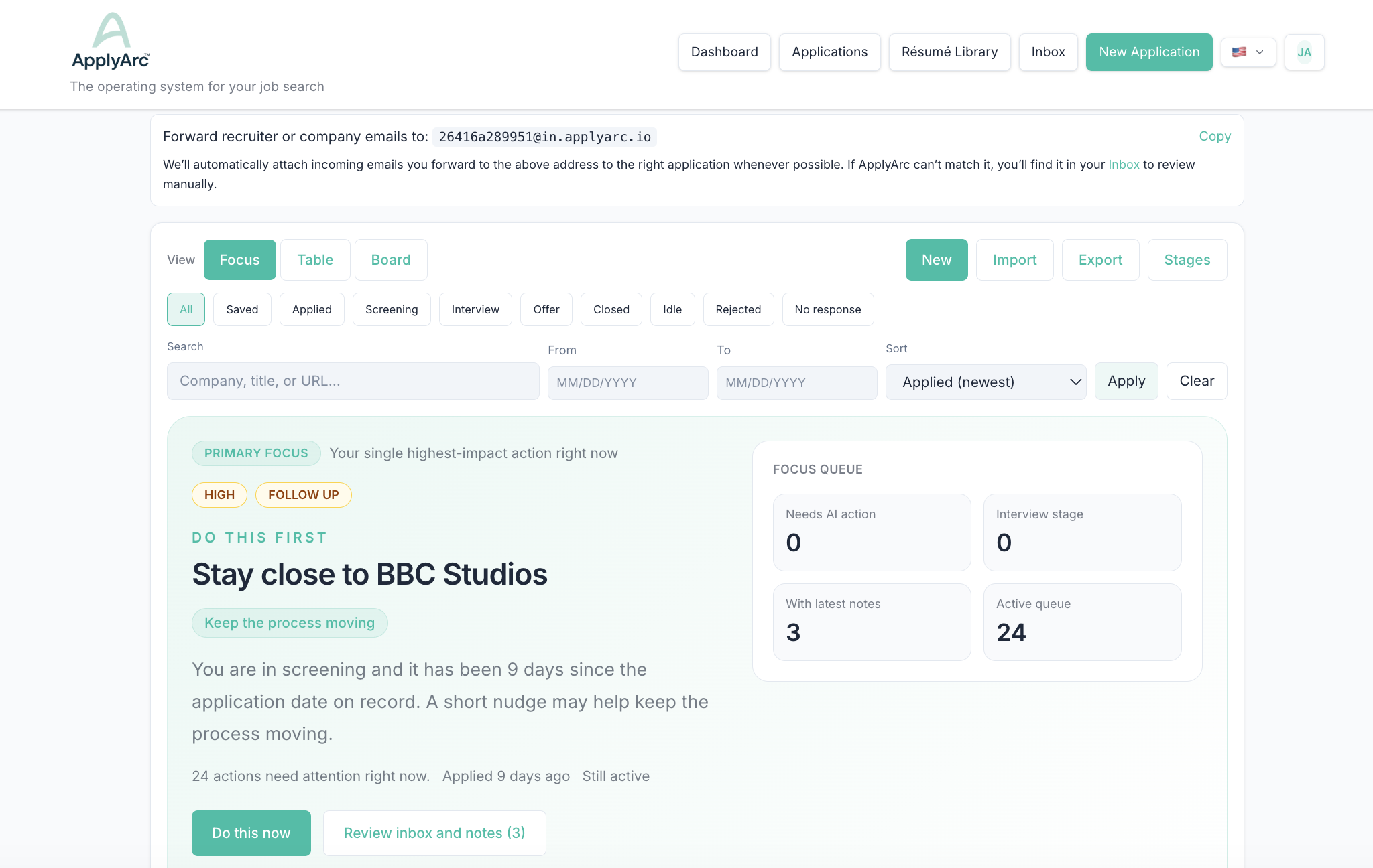 ApplyArc focus view showing the highest-priority job search action and workflow