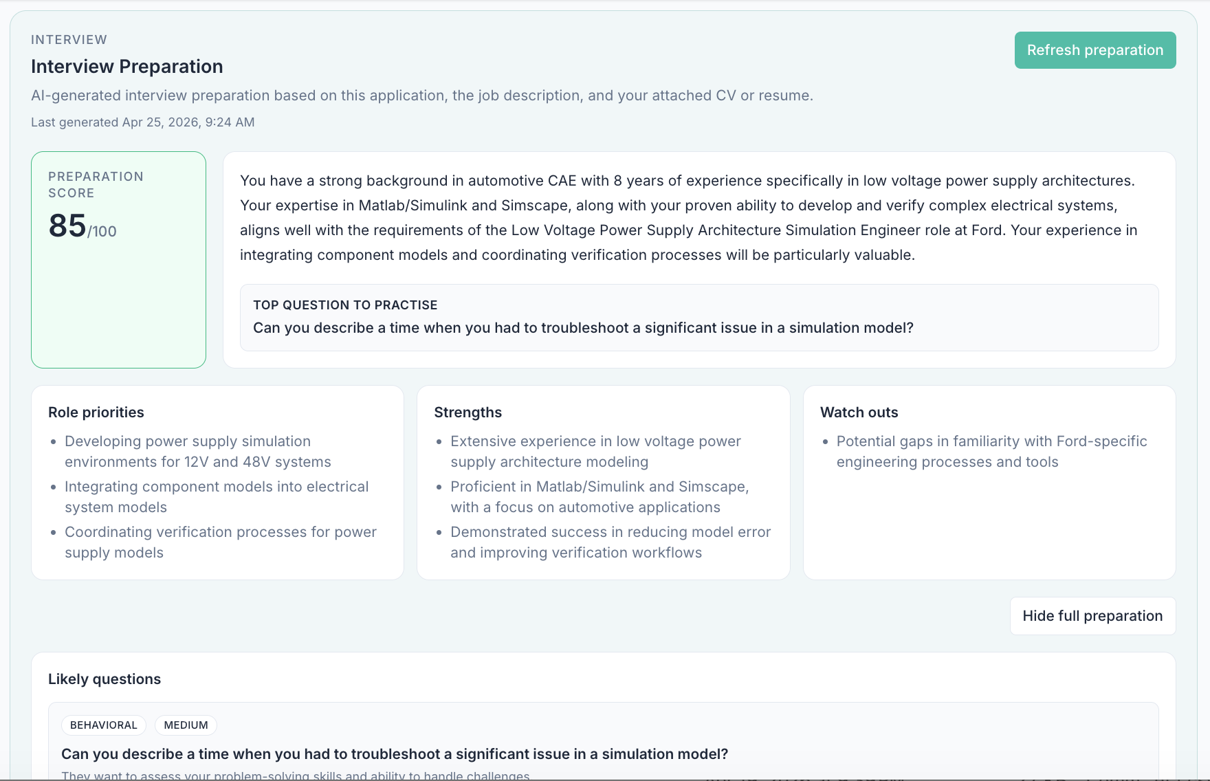 ApplyArc interview preparation showing priorities, strengths, watch outs, and practice questions